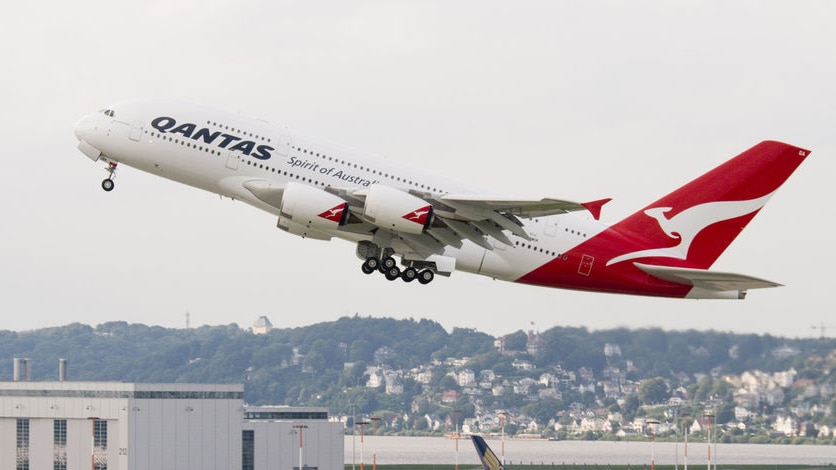 A Qantas A380 Airbus takes off