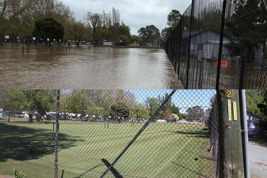 Images show tennis courts flooded and two weeks after the clean-up