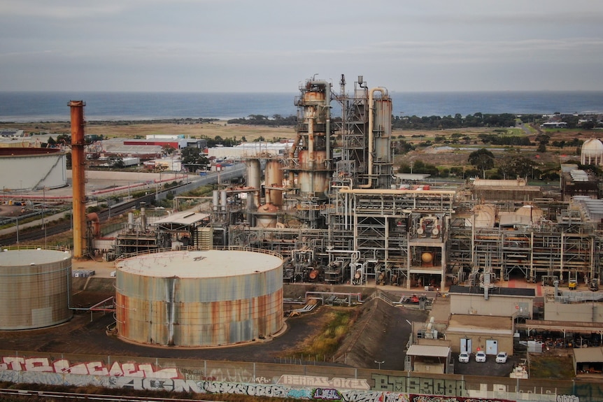 A drone shot of a refinery.