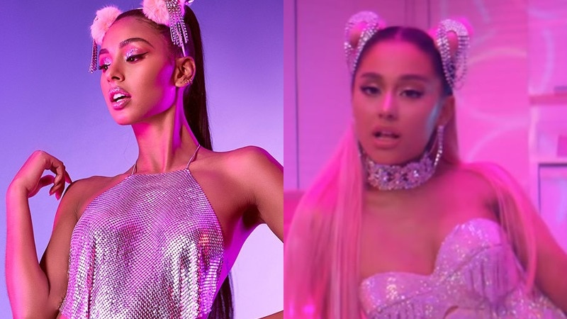 A composite image of an ad and a scene from the music video for Ariana Grande's 7 rings.