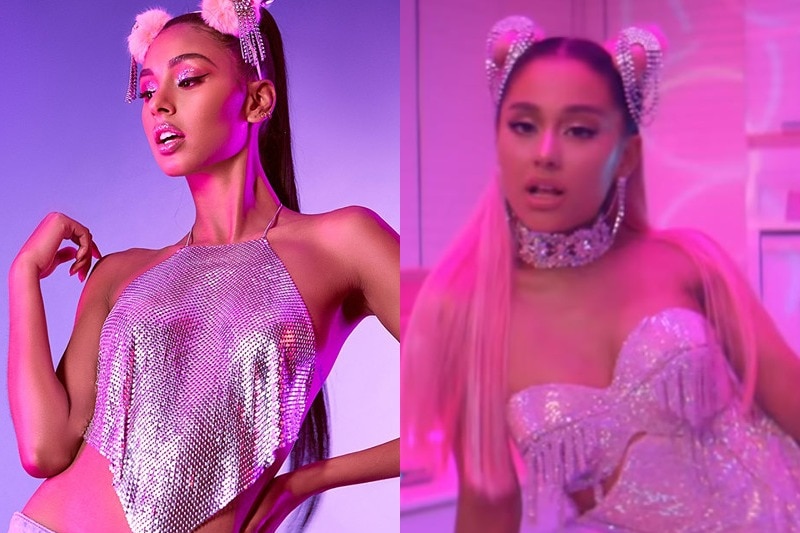 A composite image of an ad and a scene from the music video for Ariana Grande's 7 rings.