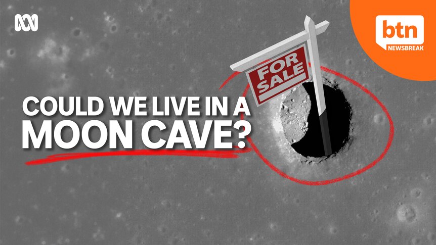 The surface of the moon showing a cave. A For Sale sign sticking out of it.