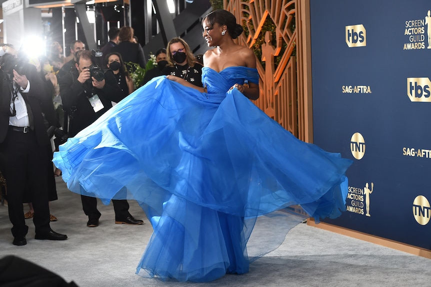 Saniyya Sidney arrives at the 28th annual Screen Actors Guild Awards at the Barker Hangar on Sunday, Feb. 27, 2022.