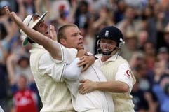 Andrew Flintoff celebrates wicket of Ricky Ponting with Ian Bell, Michael Vaughan at Edgbaston.