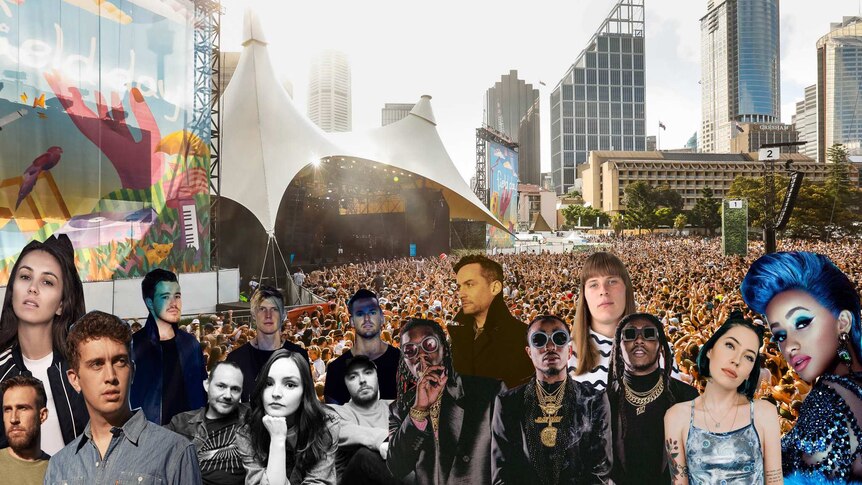 Collage of Field Day 2019 artists including Amy Shark, CHVRCHES, Flight Facilities, Cardi B, Bonobo, Migos, Bishop Briggs