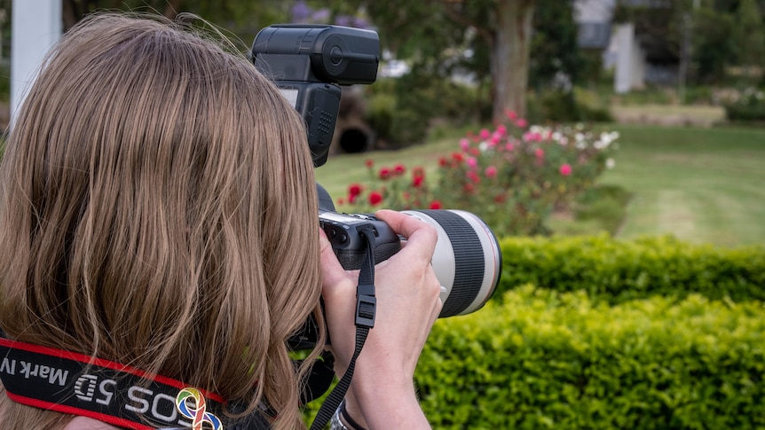 The back of Jessica's head, profiling her taking a photo of gardens