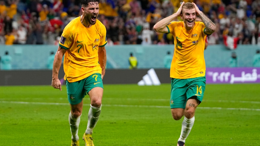 在澳大利亚国足进球后，Socceroo的Mathew Leckie（左）与队Riley McGree）欢庆。