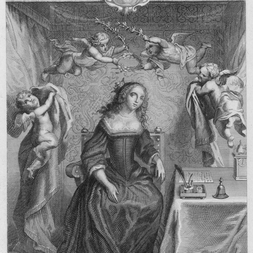 Black and white engraving of a 17th century English noblewoman, seated at a table and surrounded by flying cherubs