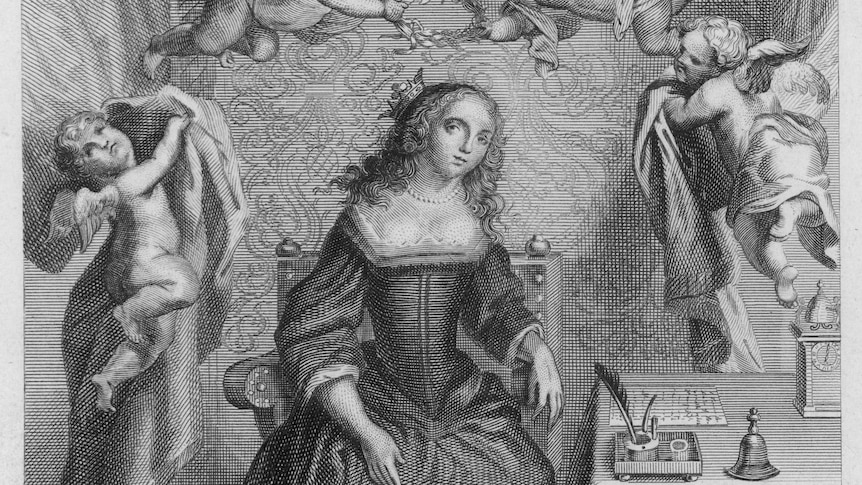 Black and white engraving of a 17th century English noblewoman, seated at a table and surrounded by flying cherubs