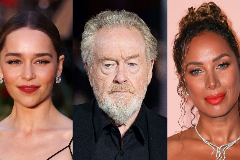 A composite of three images: Emilia Clarke smiling, Ridley Scott, and Leona Lewis