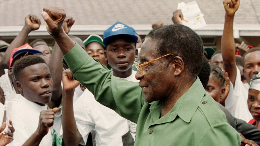 Robert Mugabe raises his fist in the air while visiting the community of Bindura