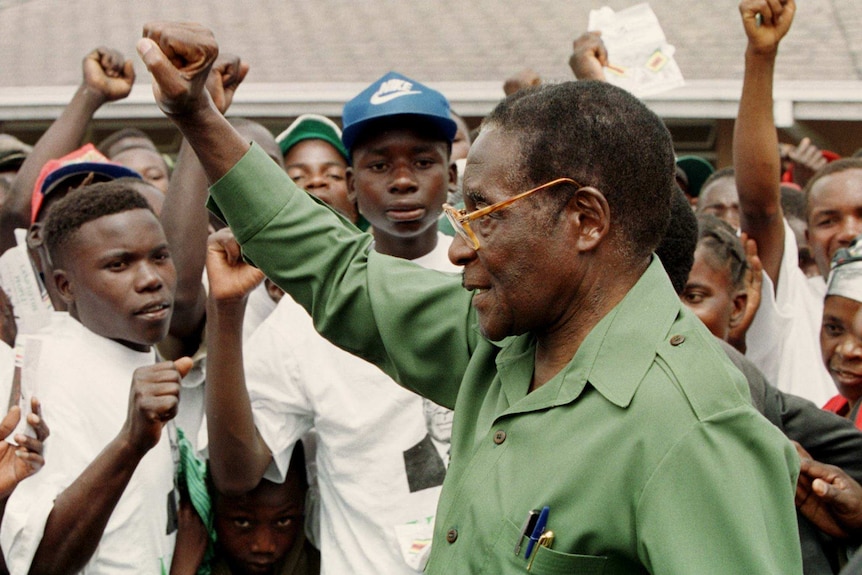 Robert Mugabe raises his fist in the air while visiting the community of Bindura