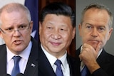 A photo composite of Scott Morrison, Xi Jinping and Bill Shorten