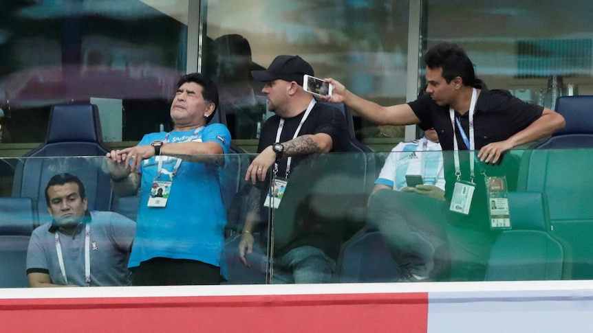 Diego Maradona reacts during the match between Argentina and Nigeria at the 2018 World Cup.