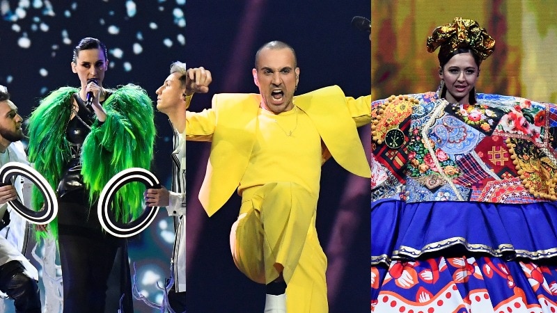A composite image of Ukraine's Go_A wearing green, Lithuania's The Roop wearing yellow and Russia's Manizha in blue