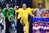 A composite image of Ukraine's Go_A wearing green, Lithuania's The Roop wearing yellow and Russia's Manizha in blue