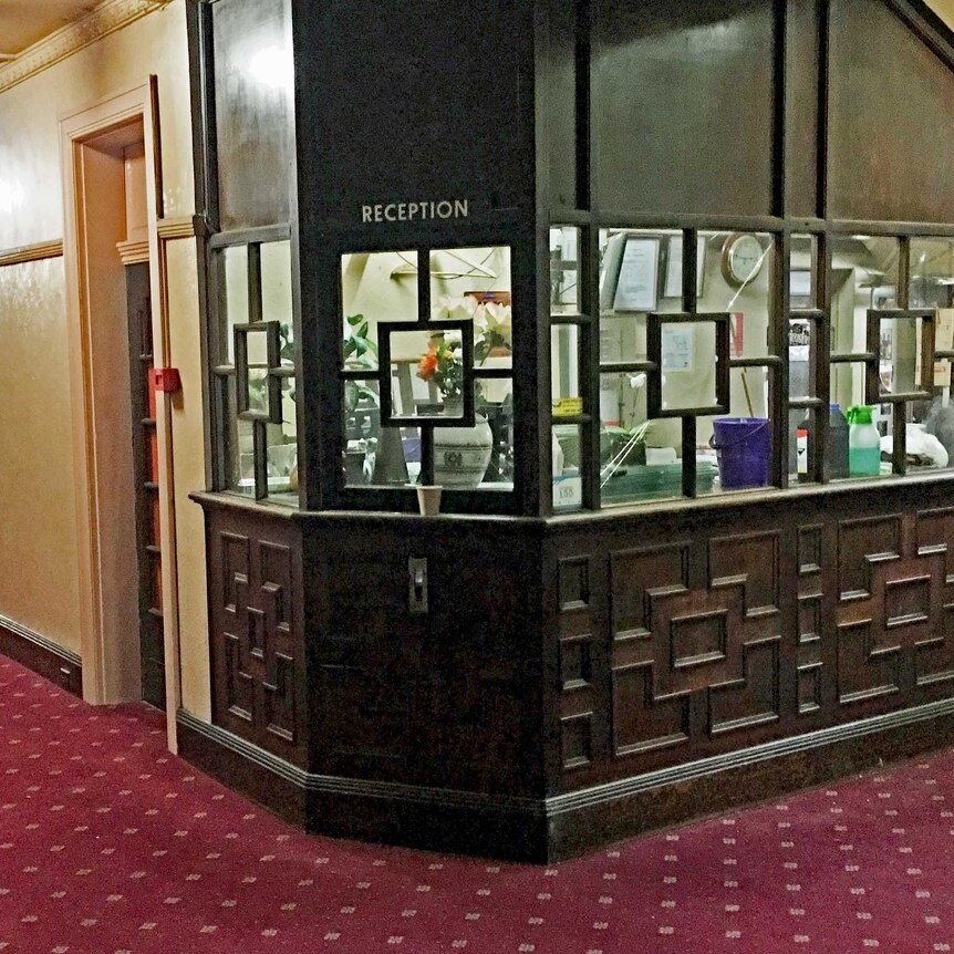 The art deco reception area of The Gatwick Hotel, in St Kilda.