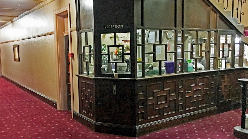 The art deco reception area of The Gatwick Hotel, in St Kilda.