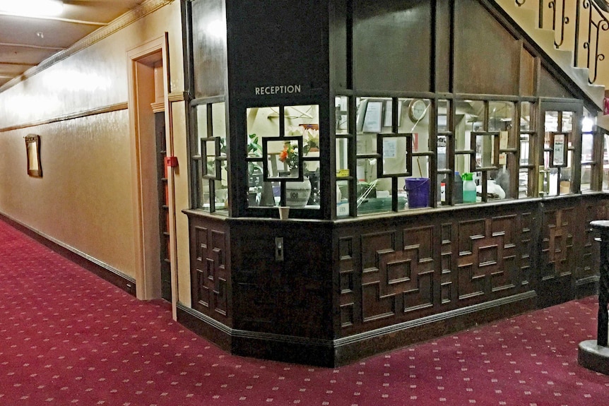 The art deco reception area of The Gatwick Hotel, in St Kilda.