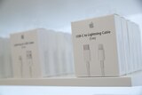 USB-C to Lightning Cable adapters are seen at an Apple store