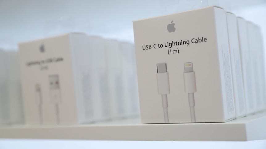 USB-C to Lightning Cable adapters are seen at an Apple store