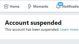 An "Account suspended" page on Twitter.