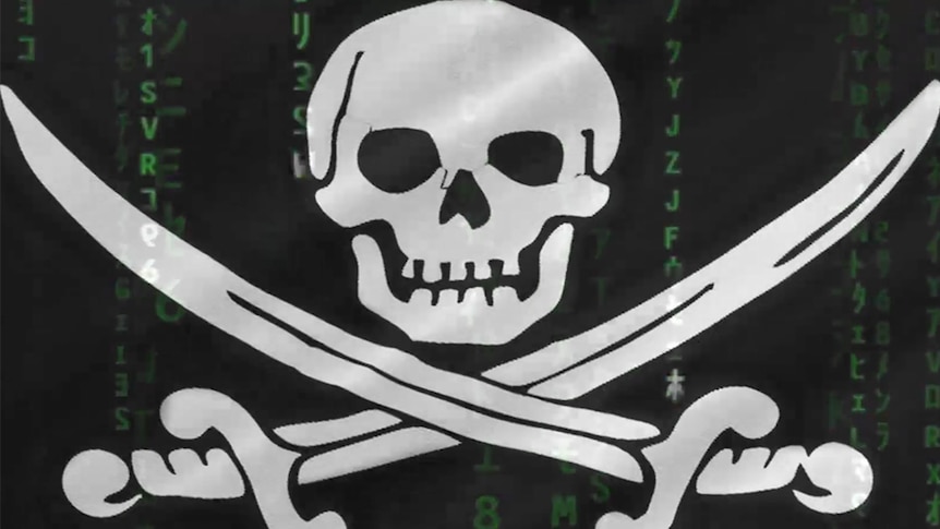 A skull and crossbones flag with Matrix code over the top.