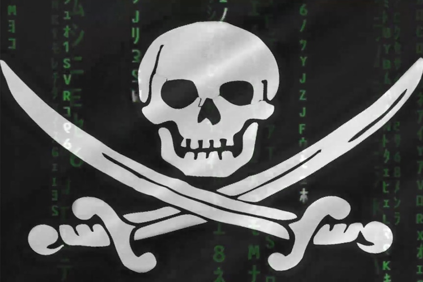 A skull and crossbones flag with Matrix code over the top.
