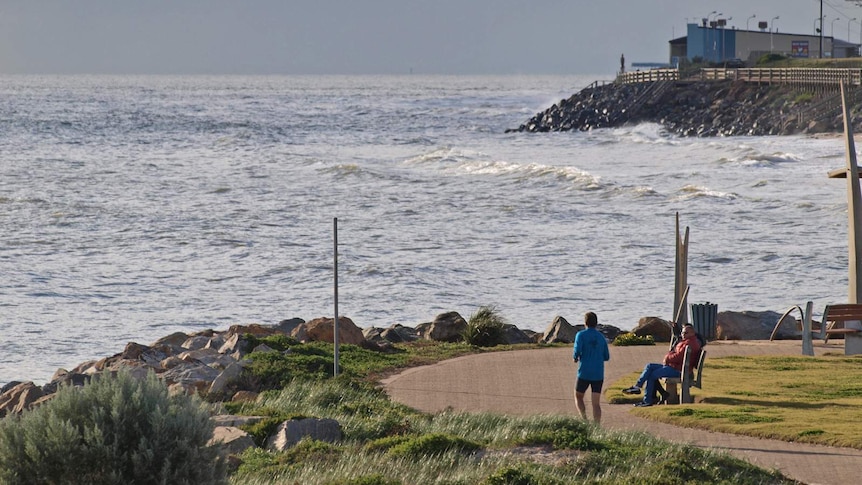 A couple looks out to Gulf St Vincent as a man runs passed at West Beach, Adelaide.