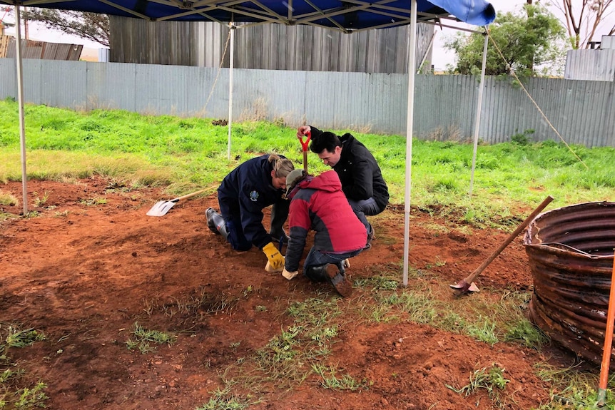 Three people kneeling down next to each other in the dirt looking for evidence