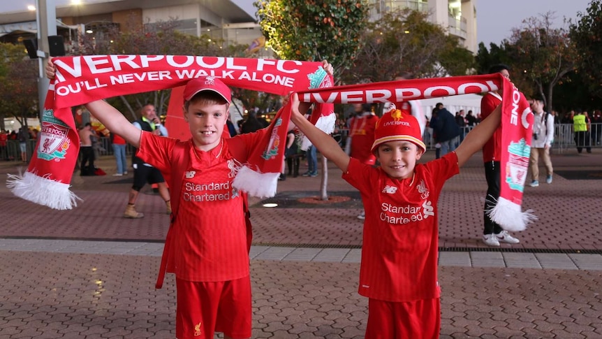 Two young fans at Liverpool v Sydney FC match in Sydney
