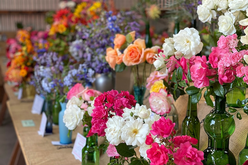 A display of vibrant, colourful flowers in green glass bottles.