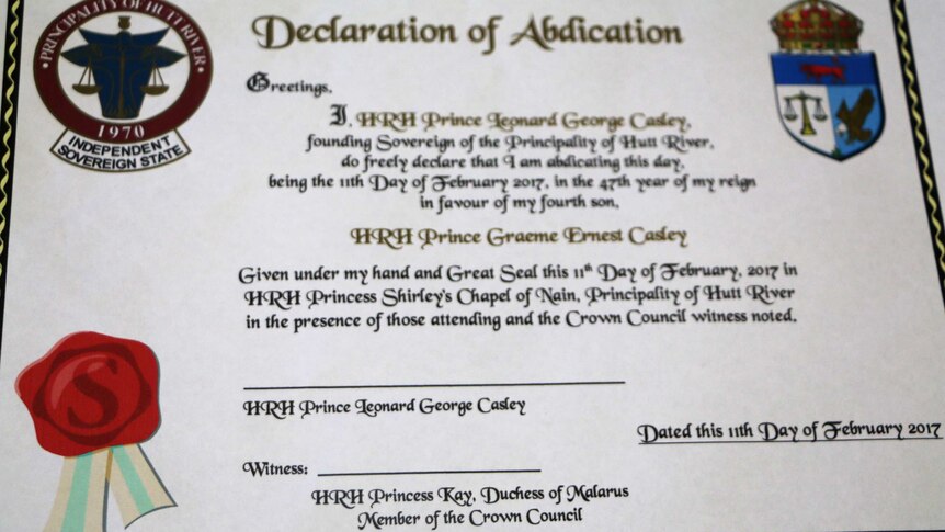 A copy of the declaration of abdication for the Hutt River Principality.