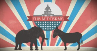 A graphic showing the Republican elephant and Democrat donkey in front of Congress building