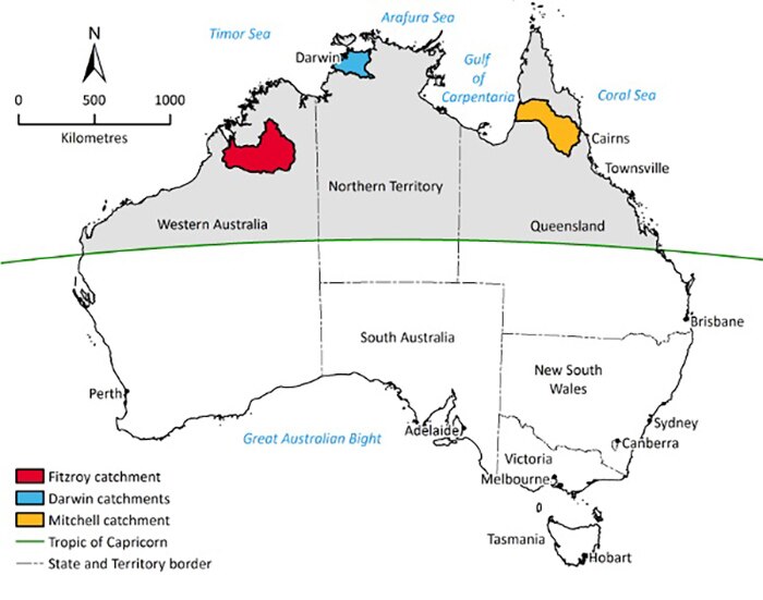 Graphic map of Australia showing catchment areas of Fitzroy, Darwin and Mitchell rivers.