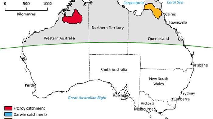 Graphic map of Australia showing catchment areas of Fitzroy, Darwin and Mitchell rivers.