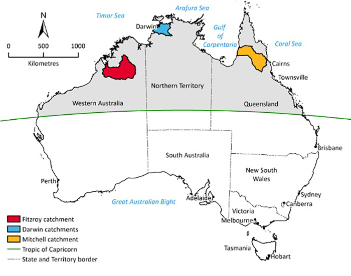 Graphic map of Australia showing catchment areas of Fitzroy, Darwin and Mitchell rivers.