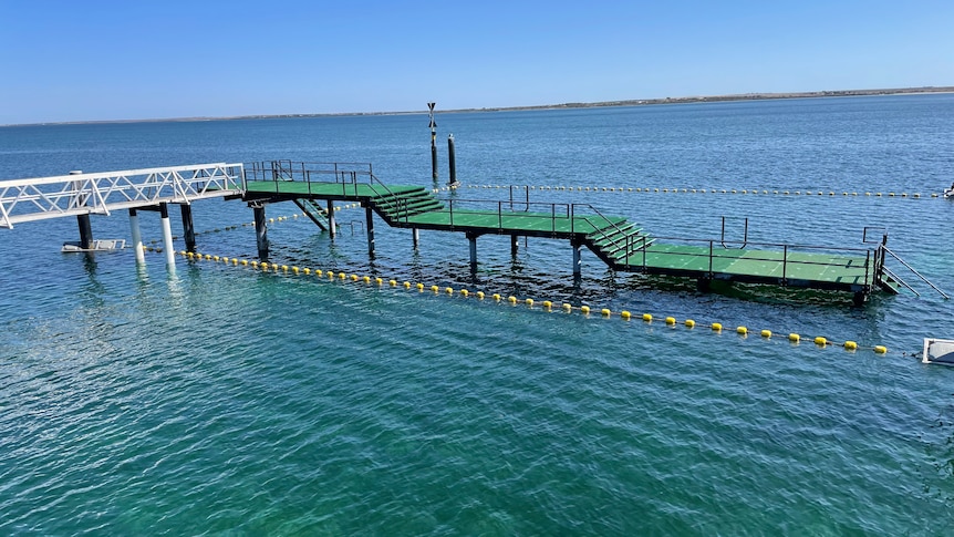 Aerial view of ceduna's ocean swimming pool with green platform connected to jetty