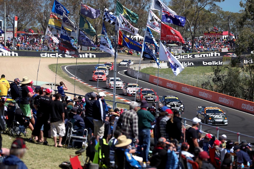 V8 supercars speed past fans on Mount Panorama.