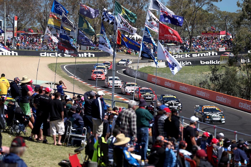 V8 super cars speed past fans on Mount Panorama.