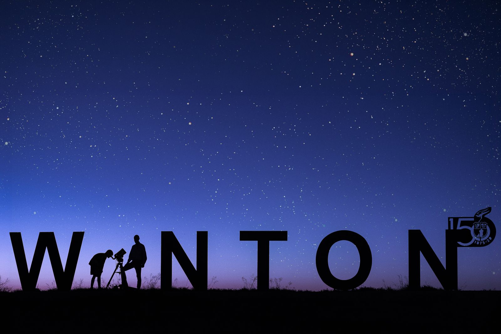 Silhouette of large letters reading WINTON, with two people and a telescope beneath a starry sky.