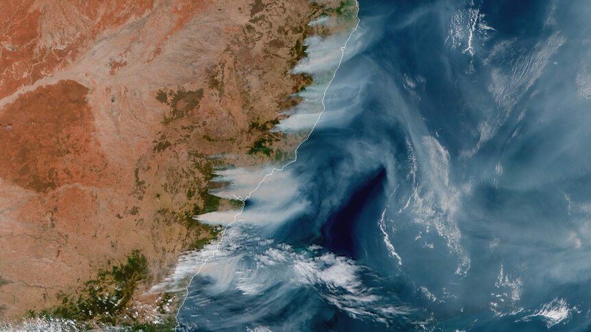 Satellite footage shows bushfires burning around New South Wales in the afternoon on December 5, 2019.