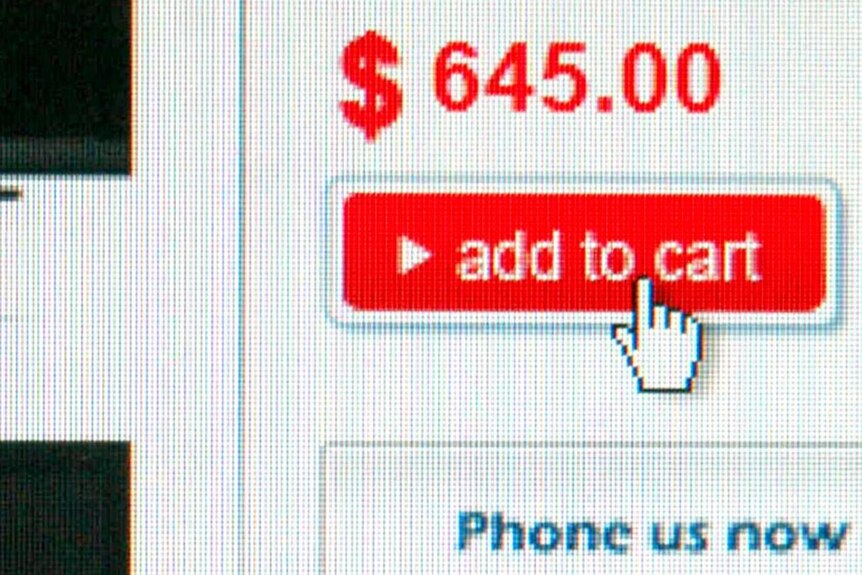 A cursor sits over an 'add to cart' tab on an online retail shopping site.