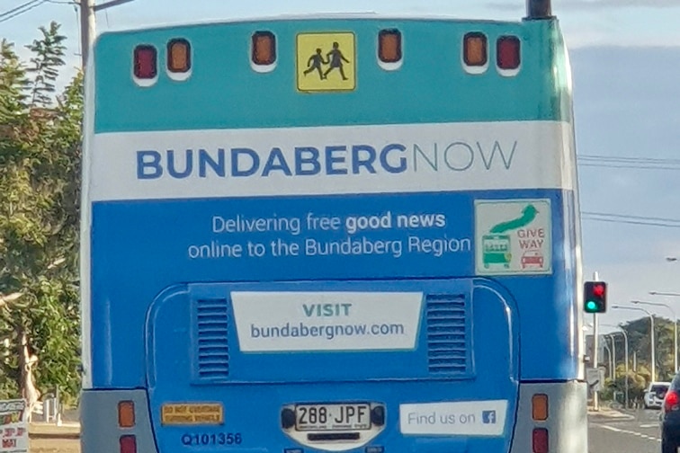 The back of a bus in Bundaberg displays an advertisement for the Bundaberg Now council website