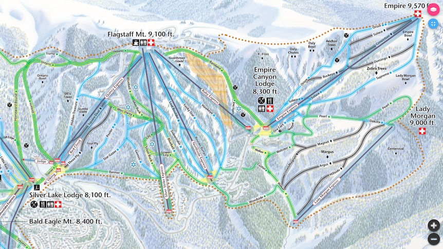 A map of a ski resort shows several green, blue and black runs as well as ski lifts and facilities