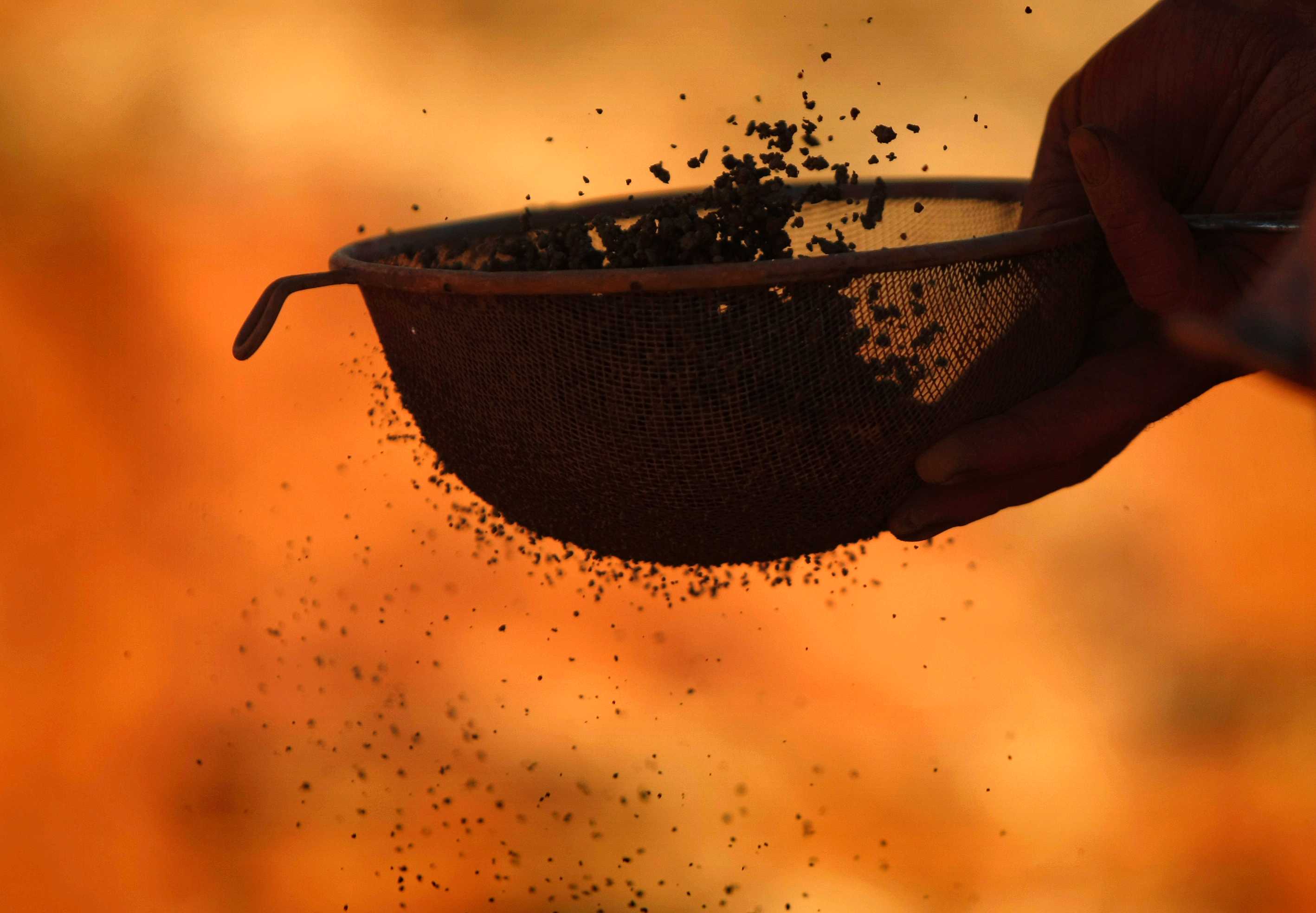 A close-up shot of a geologist's hand tossing an iron ore core sample in a sieve.