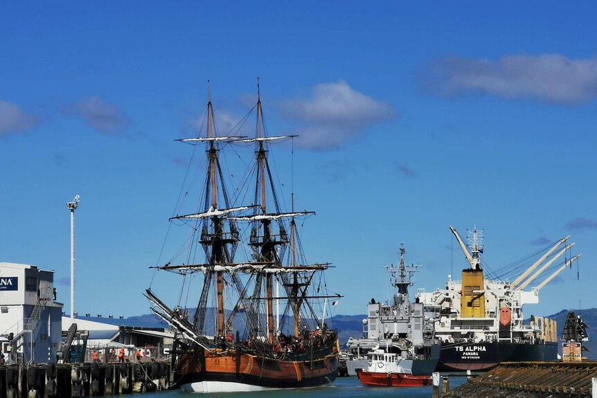 The Endeavour replica berthed at Gisborne port in New Zealand on Tuesday.
