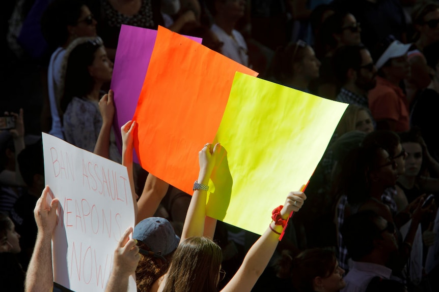 Protesters hold signs at a rally calling for more gun control