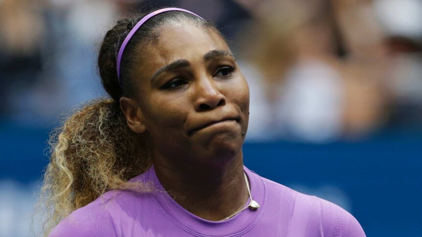 Serena Williams purses her lips at the US Open