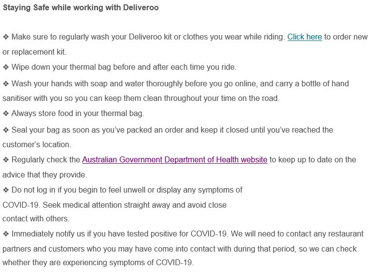 A list of instructions for Deliveroo drivers, including dot points such as "wipe down your thermal bag".
